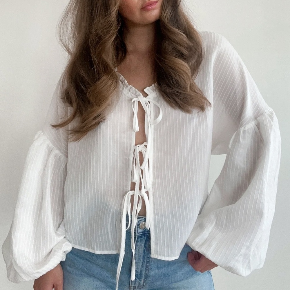 White Tie-Front Peasant Blouse - Women